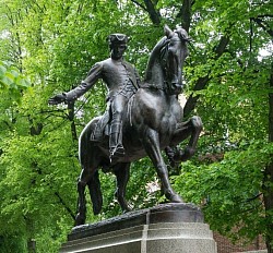 Equestrian Statue of Paul Revere, a 1940 statue by Cyrus Edwin Dallin at Old North Church in Boston, where Revere said he would forewarn American patriots if the British Army were approaching by hanging 