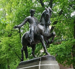 Equestrian Statue of Paul Revere, a 1940 statue by Cyrus Edwin Dallin at Old North Church in Boston, where Revere said he would forewarn American patriots if the British Army were approaching by hanging 
