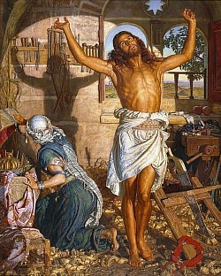 The Shadow of Death is a religious painting by the English painter William Holman Hunt, on which he worked from 1870 to 1873, during his second trip to the Holy Land. It depicts Jesus as a young man prior to his ministry, working as a carpenter. He is shown stretching his arms after sawing wood. The shadow of his outstretched arms falls on a wooden spar on which carpentry tools hang, creating a 