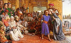 Valentine Rescuing Sylvia from Proteus is an 1851 oil painting by the English artist William Holman Hunt. It depicts a scene from William Shakespeare's The Two Gentlemen of Verona. The top left and right portions of the frame include excerpts from act V, scene IV of the play. From left to right, the characters are Julia, disguised as a page, Sylvia, Valentine, and Proteus, who is in love with Julia. Sylvia's father, the Duke of Milan, and a group of followers are present in the background.