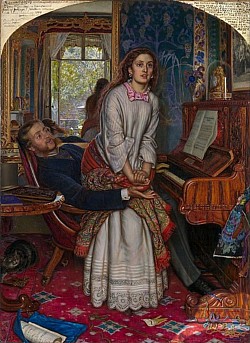 The Awakening Conscience (1853) is an oil-on-canvas painting by the English artist William Holman Hunt, one of the founders of the Pre-Raphaelite Brotherhood, which depicts a woman rising from her position in a man's lap and gazing transfixed out the room's window. Initially, the painting appears to depict a momentary disagreement between husband and wife, but the title and a host of symbols within the painting make it clear that this is a mistress and her lover. The woman's clasped hands provide a focal point and the position of her left hand emphasizes the absence of a wedding ring, although rings are worn on every other finger. Around the room are dotted reminders of her 