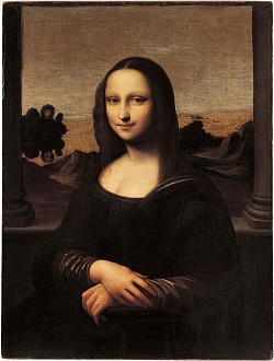 The title of the painting by Leonardo the Vinci, which is known in English as Mona Lisa, is based on the presumption that it depicts Lisa del Giocondo, although her likeness is uncertain. Lisa del Giocondo was a member of the Gherardini family of Florence and Tuscany, and the wife of wealthy Florentine silk merchant Francesco del Giocondo. The painting is thought to have been commissioned for their new home, and to celebrate the birth of their second son, Andrea. The Italian name for the painting, La Gioconda, means 'jocund' ('happy' or 'jovial') or, literally, 'the jocund one', a pun on the feminine form of Lisa's married name, Giocondo.