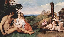 The Three Ages of Man (Italian Le tre età dell'uomo) is a painting by Titian, dated between 1512 and 1514, and now displayed at the Scottish National Gallery in Edinburgh. The Three Ages of Man is divided into three distinct life-stages representative each of the implications of psychological maturity that are likely to occur at each stage. At the right Cupid playfully clambers over two sleeping putti; this portion of the piece represents infancy. At the left we see young lovers about to embrace. Titian breaks chronology between life phases by placing these lovers in the far left and at the foremost distance from the viewer. This serves to emphasize the most perfect phase of life, as the lovers sit enamored on flat ground covered with the healthiest, most vibrant grass within the landscape, not having yet begun their unavoidable descent to the bottom of the hill where the old man sits.