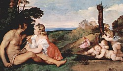 The Three Ages of Man (Italian Le tre età dell'uomo) is a painting by Titian, dated between 1512 and 1514, and now displayed at the Scottish National Gallery in Edinburgh. The Three Ages of Man is divided into three distinct life-stages representative each of the implications of psychological maturity that are likely to occur at each stage. At the right Cupid playfully clambers over two sleeping putti; this portion of the piece represents infancy. At the left we see young lovers about to embrace. Titian breaks chronology between life phases by placing these lovers in the far left and at the foremost distance from the viewer. This serves to emphasize the most perfect phase of life, as the lovers sit enamored on flat ground covered with the healthiest, most vibrant grass within the landscape, not having yet begun their unavoidable descent to the bottom of the hill where the old man sits.