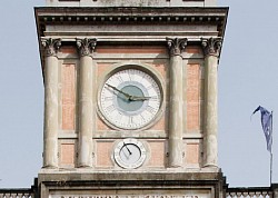 Clock with auxiliary dial displaying the equation of time. Piazza Dante, Naples (1853). D = 6.24004077 + 0.01720197(365.25(y - 2000) + d) and ∆t ey = - 7659 sin (D) + 9.863 sin ( 2D + 3.5932 ). [minutes] where d represents the number of days since January 1 of the current year, y