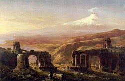 Painting of Mount Etna Sicily by Thomas coleThe 1669 eruption of Mount Etna is the largest-recorded historical eruption of the volcano on the east coast of Sicily, Italy. After several weeks of increasing seismic activity that damaged the town of Nicolosi and other settlements, an eruption fissure opened on the southeastern flank of Etna during the night of 10–11 March. Several more fissures became active during 11 March, erupting pyroclastics and tephra that fell over Sicily and accumulated to form the Monti Rossi scoria cone. The lava flows of 1669 contain up to 18% bubbles, a large proportion and considerably more than expected from lava flows on the surface that might explain the fluidity of the flows that maintained pahoehoe morphology 16 km (9.9 miles) from the vents. The lava also contains large phenocrysts of plagioclase, as do lavas of other eruptions of the 17th century; these lavas are called cicirara and they often appear at the end of an eruption cycle at Mount Etna. The lava flow  With a volume of 0.5–1 km3 (0.12–0.24 cu mi) of 1669 covered an area of 37 km2 (14 sq mi)35-40 km2 (15 sq mi), radically changing the morphology of the volcano. It is considered an aa lava field that also contains 
