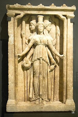 Hecate (/ˈhɛkəti/ HEK-ə-tee) is a goddess in ancient Greek religion and mythology, most often shown holding a pair of torches, a key, or snakes, or accompanied by dogs, and in later periods depicted as three-formed or triple-bodied. She is variously associated with crossroads, night, light, magic, protection from witchcraft, drugs, and the Moon. Aelian told a different story of a woman transformed into a polecat : :- I have heard that the polecat was once a human being. It has also reached my hearing that Gale was her name then; that she was a dealer in spells and a sorceress (pharmakis); that she was extremely lascivious, and that she was afflicted with abnormal sexual desires. Nor has it escaped my notice that the anger of the goddess Hekate transformed it into this evil creature. May the goddess be gracious to me: Fables and their telling I leave to others.