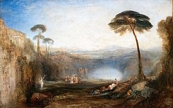 The Golden Bough is a painting from 1834 by the English painter J. M. W. Turner. It depicts the episode of the golden bough from the Aeneid by Virgil.  John Ruskin described The Golden Bough as a sequel to Turner's 1823 painting The Bay of Baiae, which is based on the myth of Apollo and the Cumaean Sibyl The painting depicts a scene from book VI of the ancient Roman epic Aeneid by Virgil. Turner has used Christopher Pitt's English translation. The hero Aeneas wants to enter the Underworld to consult his dead father. The Sibyl of Cumae tells him that he needs to offer a golden bough from a sacred tree to Proserpine in order to enter. The painting shows the landscape around the lake Avernus, which is the entrance to the Underworld. The Sibyl stands to the left and holds a sickle and the cut bough. Dancing Fates in the background and a snake in the foreground forebode the mysteries of the Underworld. Turner's painting serves as its frontispiece and is addressed in James George Frazer evokes the painting in his book The Golden Bough (1890), in the opening paragraph:  Who does not know Turner's picture of the Golden Bough? The scene, suffused with the golden glow of imagination in which the divine mind of Turner steeped and transfigured even the fairest natural landscape, is a dream-like vision of the little woodland lake of Nemi, 