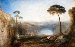 The Golden Bough is a painting from 1834 by the English painter J. M. W. Turner. It depicts the episode of the golden bough from the Aeneid by Virgil.  John Ruskin described The Golden Bough as a sequel to Turner's 1823 painting The Bay of Baiae, which is based on the myth of Apollo and the Cumaean Sibyl The painting depicts a scene from book VI of the ancient Roman epic Aeneid by Virgil. Turner has used Christopher Pitt's English translation. The hero Aeneas wants to enter the Underworld to consult his dead father. The Sibyl of Cumae tells him that he needs to offer a golden bough from a sacred tree to Proserpine in order to enter. The painting shows the landscape around the lake Avernus, which is the entrance to the Underworld. The Sibyl stands to the left and holds a sickle and the cut bough. Dancing Fates in the background and a snake in the foreground forebode the mysteries of the Underworld. Turner's painting serves as its frontispiece and is addressed in James George Frazer evokes the painting in his book The Golden Bough (1890), in the opening paragraph:  Who does not know Turner's picture of the Golden Bough? The scene, suffused with the golden glow of imagination in which the divine mind of Turner steeped and transfigured even the fairest natural landscape, is a dream-like vision of the little woodland lake of Nemi, 