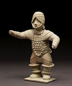 Whistle in the form of a dancing figure from Colima, Mexico, pottery, c. 300 B.C. - A.D. 200. 🎥 Whistling girls and Crowing hens always come to some bad ends . 🎭 Dance, among the most ephemeral of the arts, was central to Mesoamerican civilization. Dance performances, as attested by their depiction on vases and other utilitarian objects such as this whistle, typically encompassed rhythmic, structured movement, often by a group of people. Music was a vital element, frequently supplied by the dancers themselves. Performances served to bring together the community by reifying shared beliefs of social behavior, recounting seminal histories-both historical and mythic-and incarnating religious ideologies. As communal theater, performers were bedecked in ostentatious costumes that served to remove them from their social identities and the everyday reality of the community. The elaborate costuming and staging also elevated the event from a simple entertainment to an impressive, even iconic spectacle. This festooned dancer bends his knees and stretches out his arms as if frozen in mid-motion. Small holes in his hands likely accommodated dance fans or other performance accouterments. Necklaces composed of round beads, perhaps of precious jadeite, and a variety of bands adorn his wrists and legs. A wide neckpiece draped over the figure's shoulders and chest may have been made from pieces of cut shell. His sleeveless shirt might represent a tufted textile or animal hide, although it also recalls portrayals of the flayed skin of a sacrificial victim worn by celebrants as part of the rites of the deity Xipe Totec. The dancer's loincloth and overskirt are tied at the back with a large bow that resembles a bustle. A decorated textile band is wrapped adroitly around his head and secured by a strap below his chin. This object is a whistle, likely played by a performer similar to the dancer depicted by the instrument; its mouthpiece is found at the back of the figure's head.