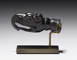 Mixteca-Puebla style labret, Obsidian (Acid or granitic glass formed by the rapid cooling of lava without crystallization; usually dark, but transparent in thin pieces • Ancient cultures often used obsidian to make sharp tools and weapons.)