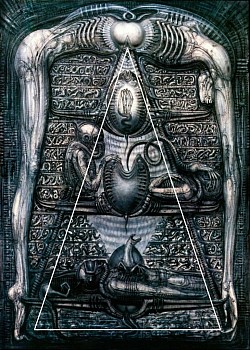 🪔Mother creature is not a human being but an alien queen - a queen created by Giger. The right arm and the right shoulder seem to cover the head of the alien creature but I'm sure we can see a queen here. The pilot in helmet - the chestburster has legs:         ' The Eye of Providence (or the all-seeing eye of God) is a symbol showing an eye often surrounded by rays of light or a glory and usually enclosed by a triangle. It represents the eye of God watching over humanity (or divine providence).'  ribs = rays  womb = glory. A worm in the eye/a worm in the womb = Holloway and Shaw.