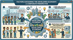 A  cartoon corporate image showing contribution of unemployment , labour exploitation , & death policy surety in a developed economy